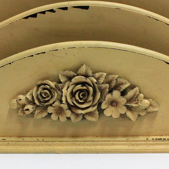 Yellow Shabby Chic 2 Slot Wooden Letter Card Holder With Flower Decoration - Picture 11 of 11